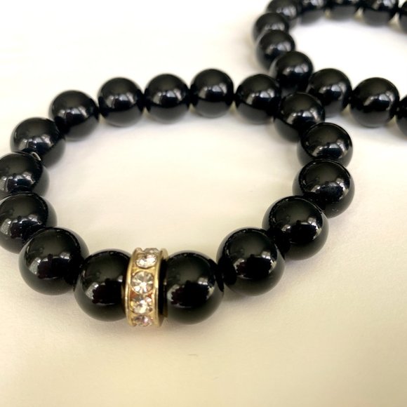 Black Beaded Stretch Bracelet Set of 2 with Gold and Rhinestone Detail - Picture 3 of 7